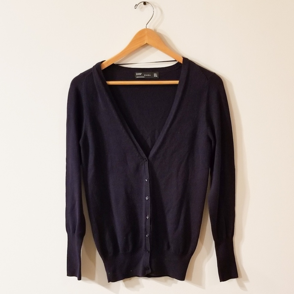 Zara Button Down Preppy Navy Blue Cardigan